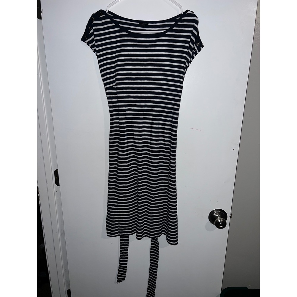Talbots Petite Navy White Striped Cotton Tie Waist Dress Size LP NWT